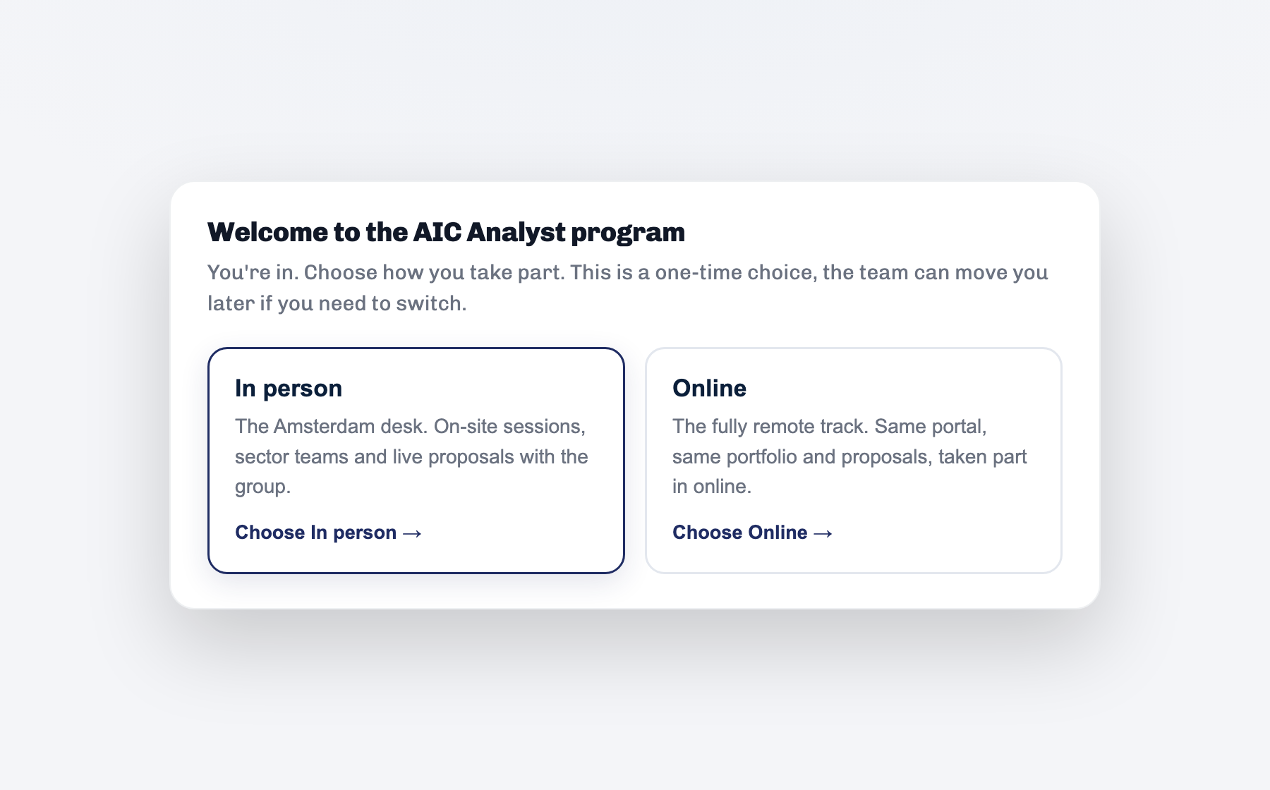 The track selection panel: choose the In person Amsterdam desk or the Online track